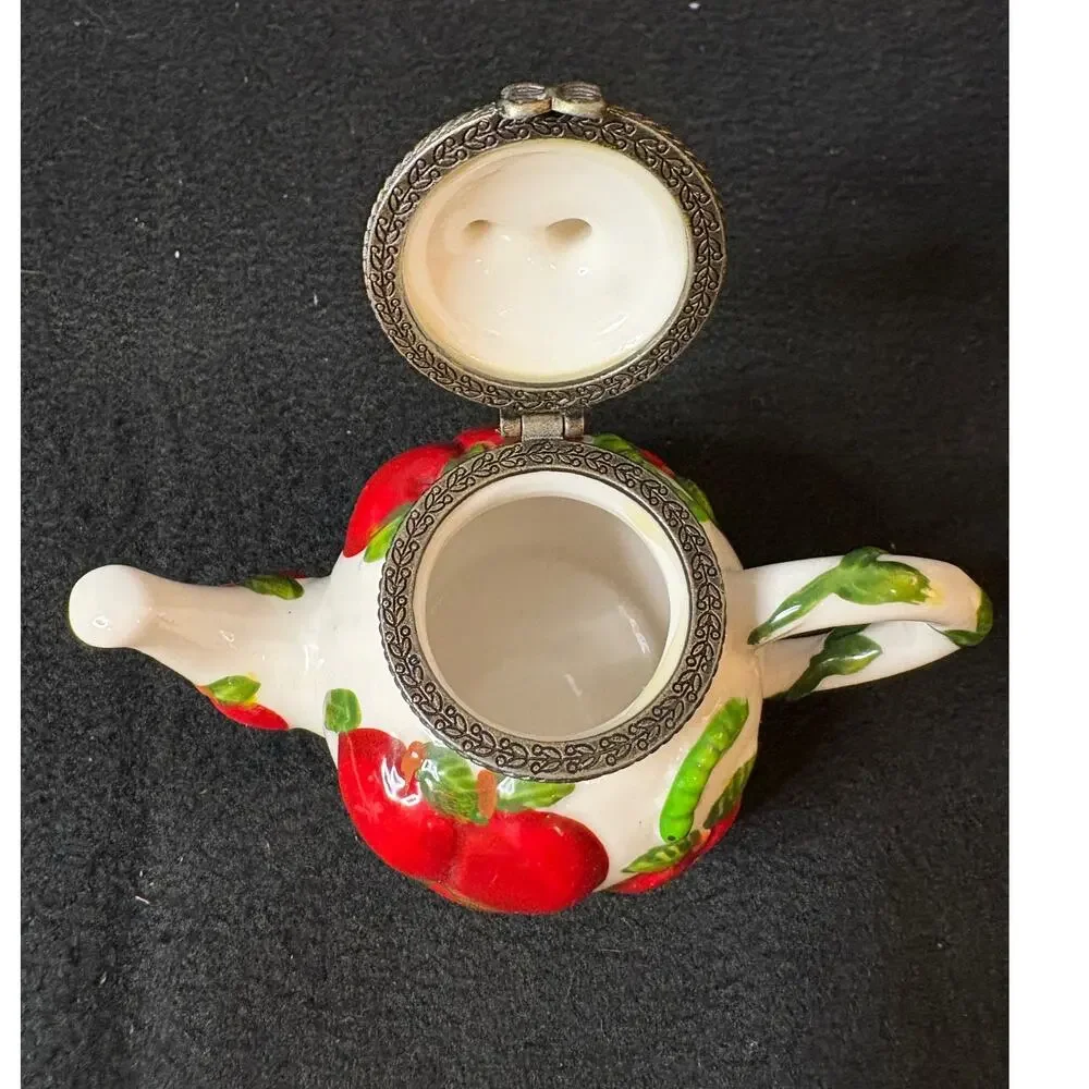 Hand Painted Apple Miniature Teapot Trinket Holder